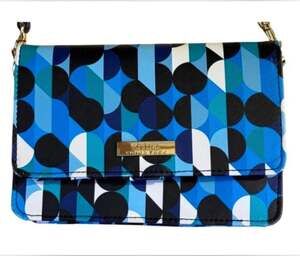 Trina Turk Blue Geometric Print Saffiano Crossbody Wallet Bag